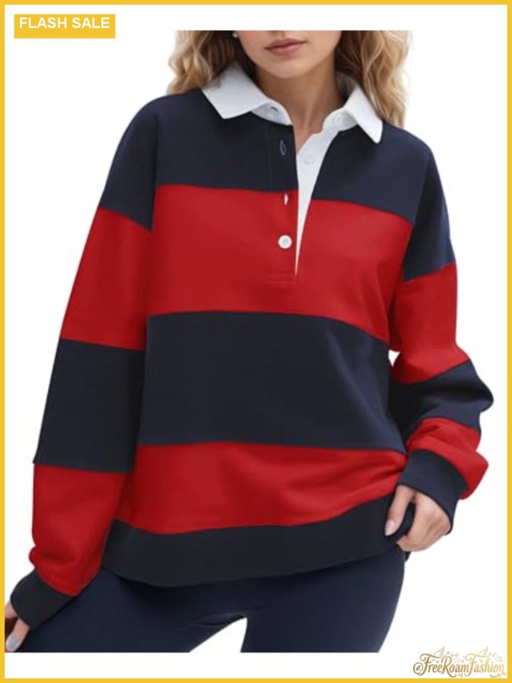 Oversized Striped Polo Sweatshirt Color Block Lapel Pullover Top